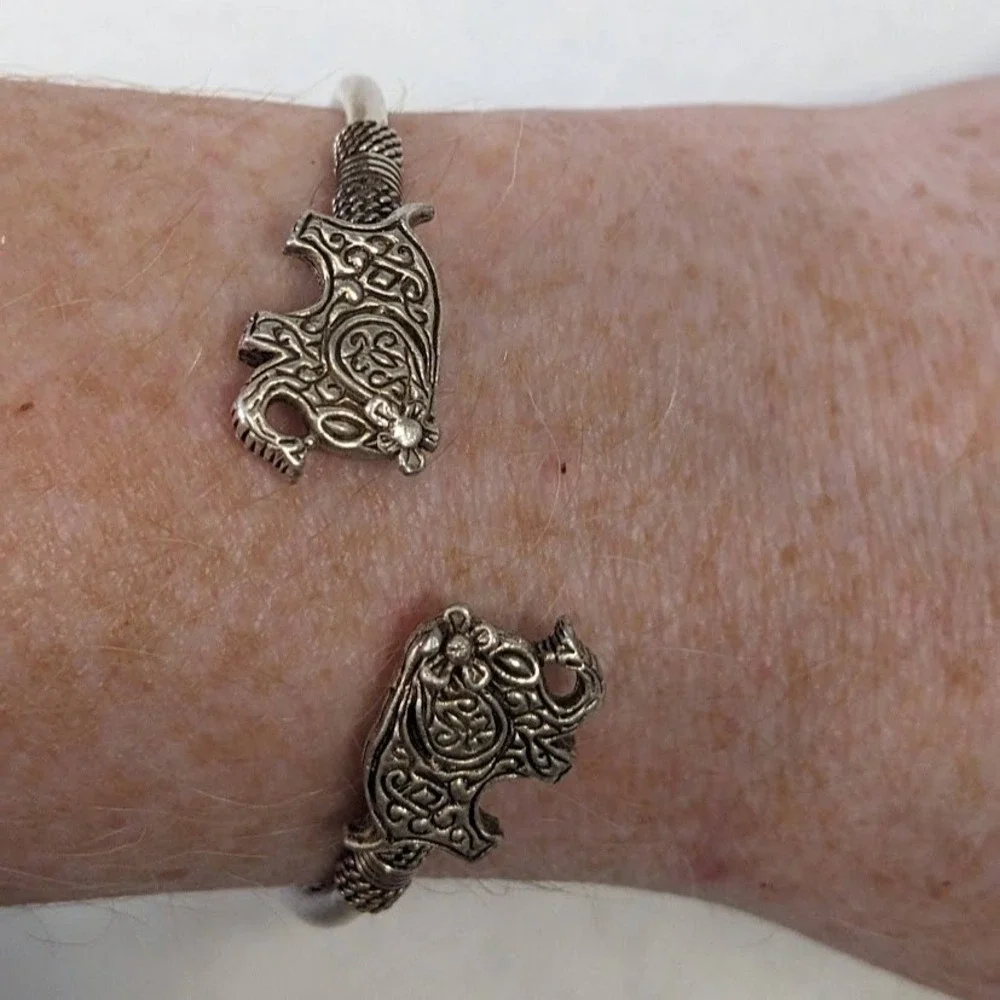 QVC Sterling Silver .925 Elephant Bypass Cuff Bracelet Antiqued Ornate Filigree